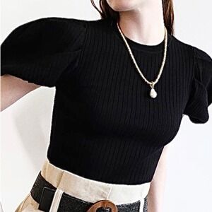 ZARA Black Puff Sleeve Top Size S Ribbed‎ Boho Indie Preppy Twee Office Ribbed